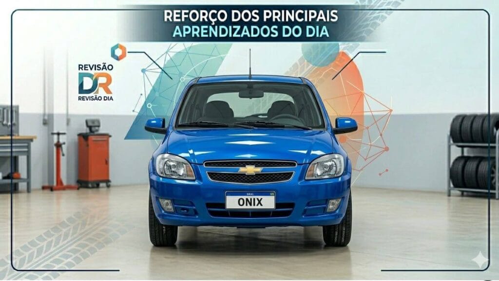 Infográfico com um Chevrolet Onix azul posicionado de frente em uma oficina mecânica. No topo, uma faixa azul com o texto "REFORÇO DOS PRINCIPAIS APRENDIZADOS DO DIA". À esquerda, o logotipo "REVISÃO DR" acompanhado de elementos gráficos geométricos. Ao fundo, prateleiras com pneus e equipamentos de manutenção.