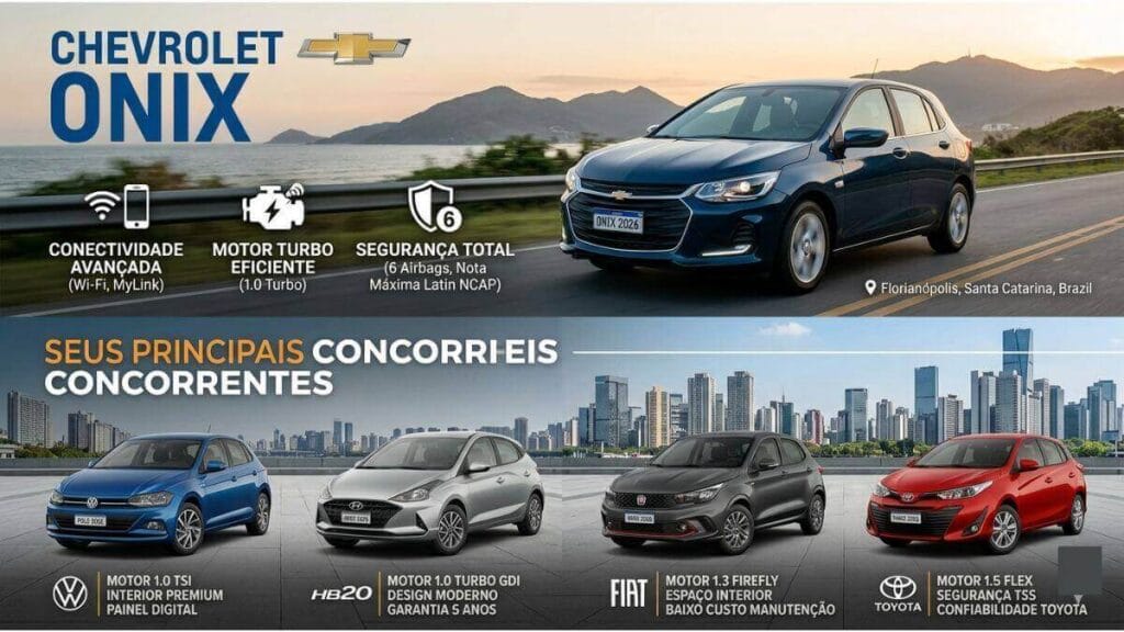 Infográfico comparativo do Chevrolet Onix com seus concorrentes. Na parte superior, um Onix azul em rodovia com indicadores de tecnologia e segurança. Na parte inferior, os hatches concorrentes: Volkswagen Polo, Hyundai HB20, Fiat Argo e Toyota Yaris.