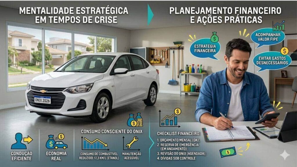 Infográfico mostrando um homem em uma garagem ao lado de um Chevrolet Onix branco, focado em planejamento financeiro durante a crise.