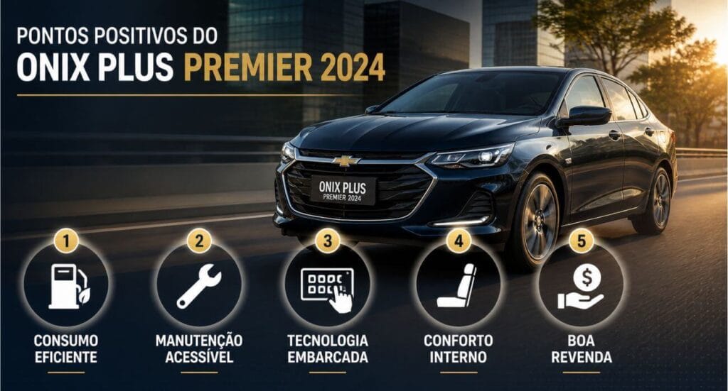 Pontos positivos do Chevrolet Onix Plus Premier 2024 destacando consumo eficiente, manutenção acessível, tecnologia, conforto interno e boa revenda