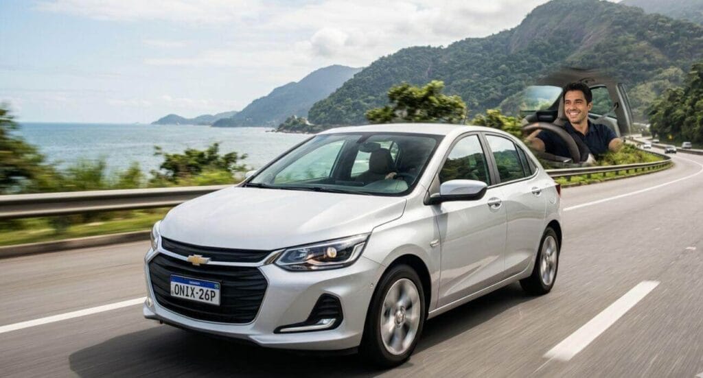 Motorista e passageiro felizes dentro do Chevrolet Onix Plus Premier 2026 em avenida urbana, destacando conforto e tecnologia