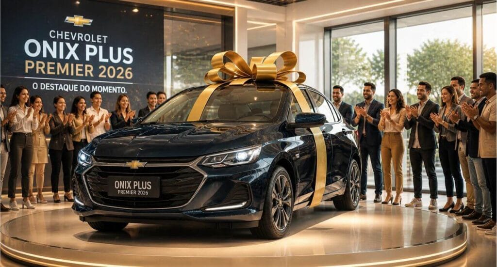 Chevrolet Onix Plus Premier 2026 em lançamento com laço no teto, cercado por pessoas sorrindo e aplaudindo em ambiente moderno
