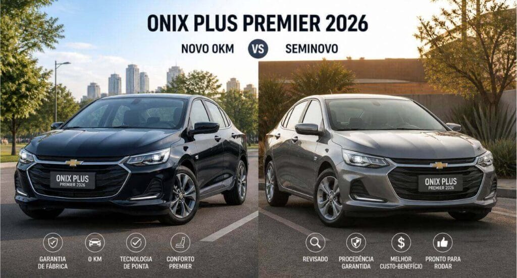 Comparação entre Chevrolet Onix Plus Premier 2026 novo 0 km e seminovo, ambos em ótimo estado, lado a lado em avenida