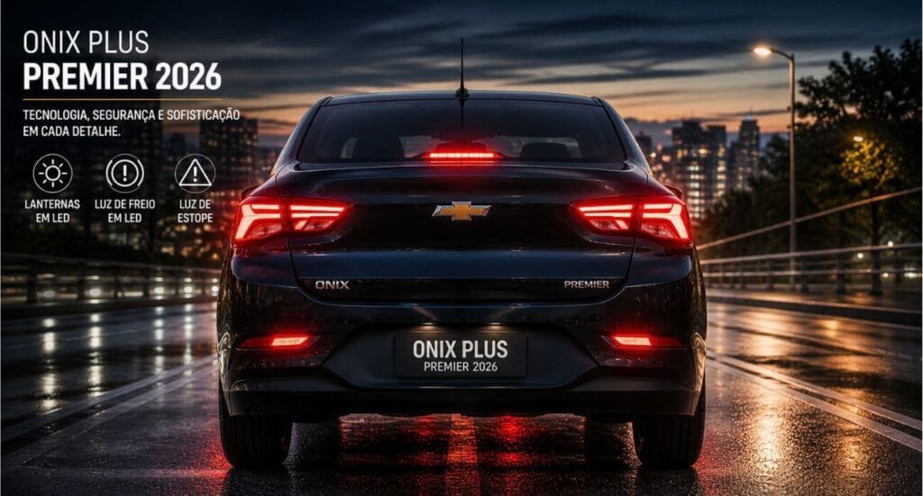 Traseira do Chevrolet Onix Plus Premier 2026 com luz de freio e luz de estope acesas em cenário urbano noturno, destacando segurança e custo-benefício