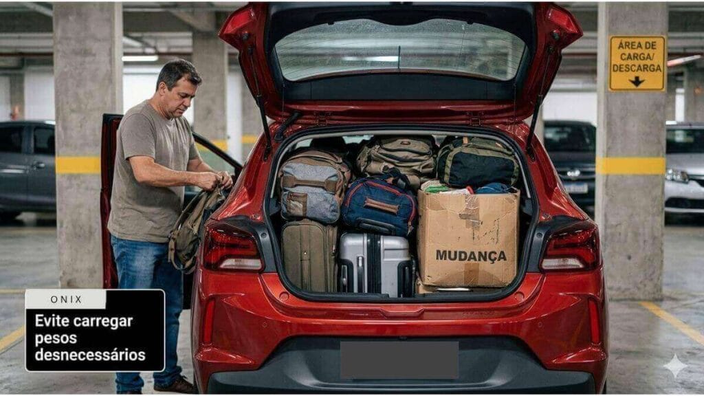 Foto da traseira de um Chevrolet Onix vermelho em um estacionamento com o porta-malas aberto, completamente lotado com malas de viagem e uma caixa de papelão com a palavra 'MUDANÇA'. Um homem está de pé ao lado esquerdo, ajustando a alça de uma mochila. No canto inferior esquerdo, há um gráfico de texto sobreposto com fundo preto e branco que diz: 'PARA O POST: Evite carregar pesos desnecessários'.