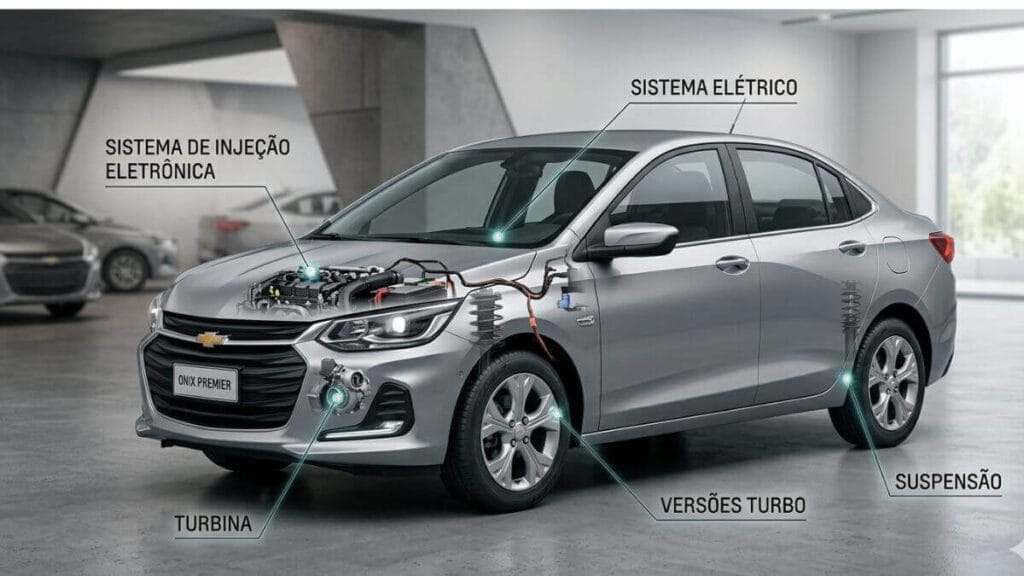Visão técnica do Chevrolet Onix Premier prata com o capô transparente, revelando o motor turbo, suspensão e sistemas eletrônicos em um diagrama profissional.