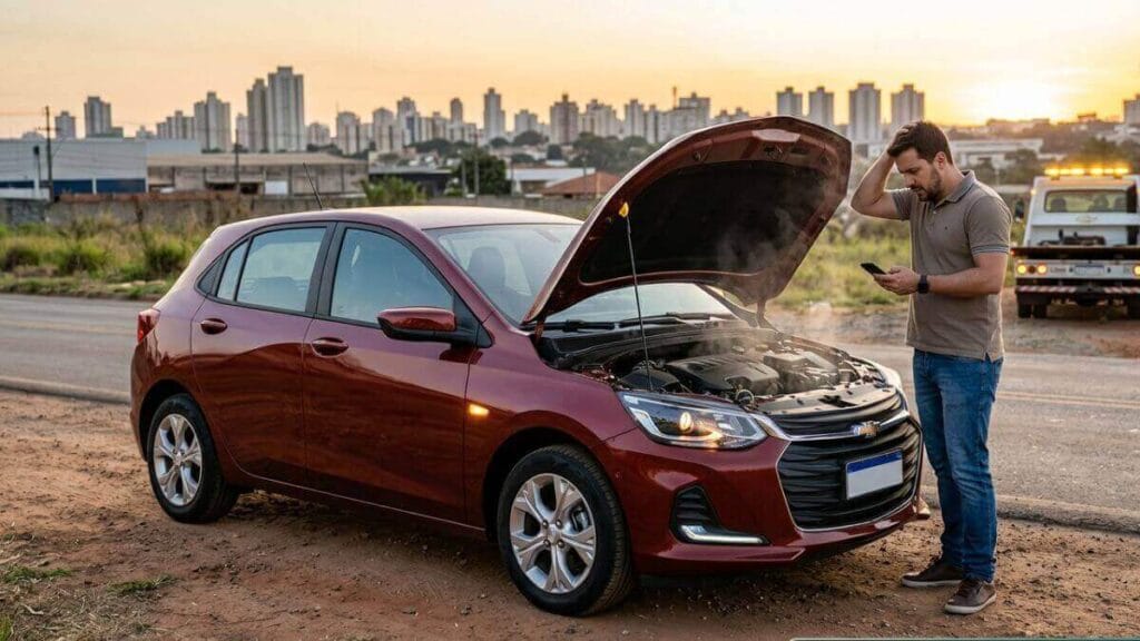 Homem frustrado ao lado de um Chevrolet Onix vermelho quebrado com o capô aberto soltando fumaça. Um guincho está ao fundo. Texto no canto inferior diz "Chevrolet Onix: Dúvidas sobre fiabilidade".