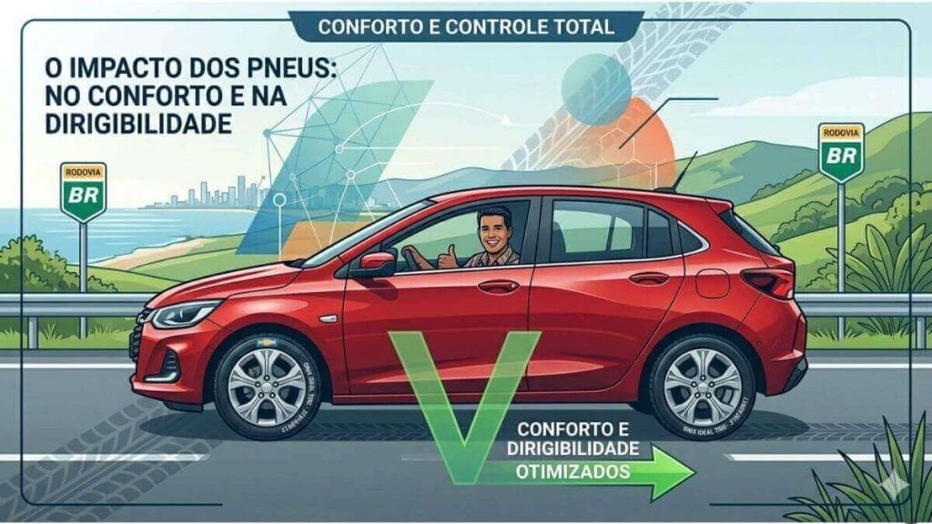Uma ilustração de estilo editorial mostrando um Chevrolet Onix hatchback vermelho dirigindo em uma rodovia costeira cênica no Brasil. Um motorista sorridente dá um joinha. Sobreposições de texto em português dizem: "CONFORTO E CONTROLE TOTAL", "O IMPACTO DOS PNEUS: NO CONFORTO E NA DIRIGIBILIDADE" e "CONFORTO E DIRIGIBILIDADE OTIMIZADOS".