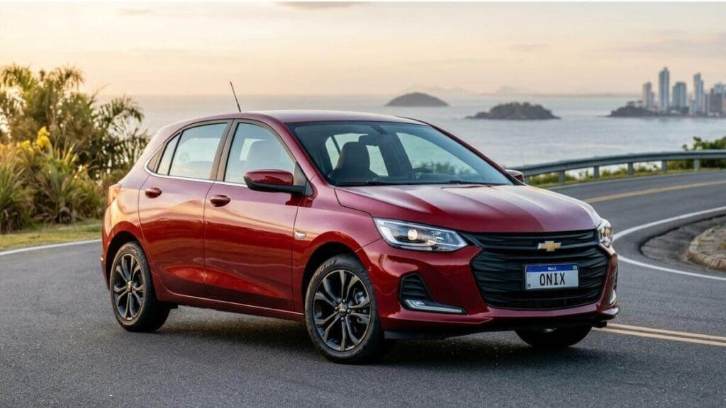Chevrolet Onix 2025 vermelho metálico Premier estacionado em uma estrada costeira no pôr do sol no Brasil.