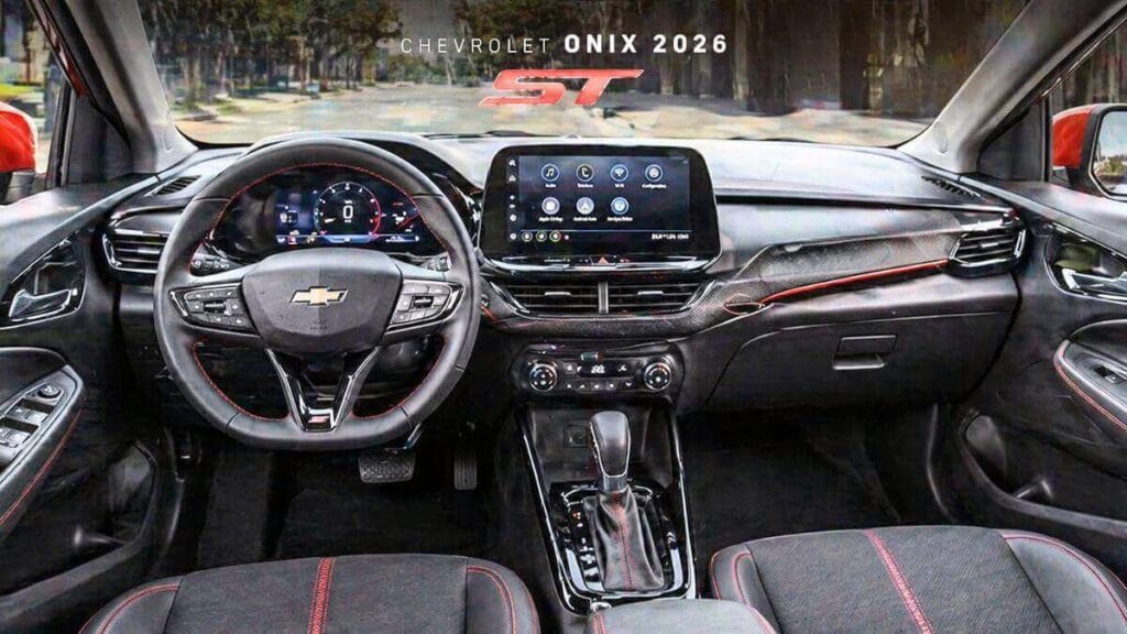 Painel interno do Chevrolet Onix 2026 com central multimídia, painel digital e recursos de conectividade