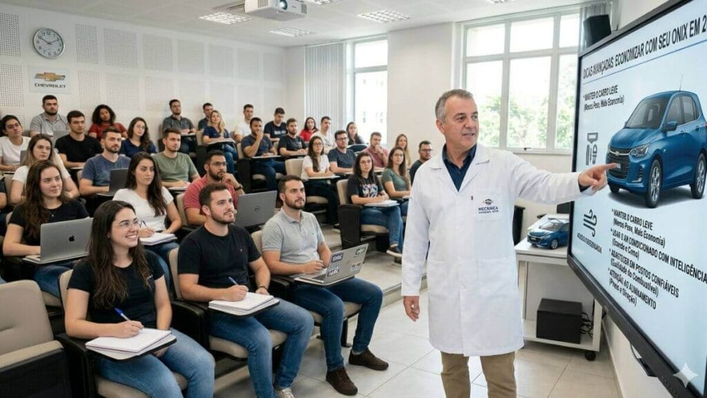 Um professor de jaleco branco aponta para uma tela digital exibindo um Chevrolet Onix azul e dicas de economia de combustível em português, diante de uma sala de aula cheia de estudantes atentos.