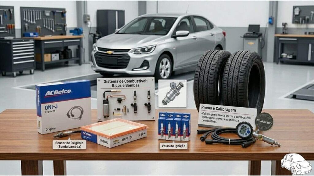 Infográfico técnico em uma oficina organizada mostrando peças que afetam o consumo do Onix: filtro de ar, bicos injetores, velas, sonda lambda e pneus com medidor de calibragem. Ao fundo, um Chevrolet Onix prateado.