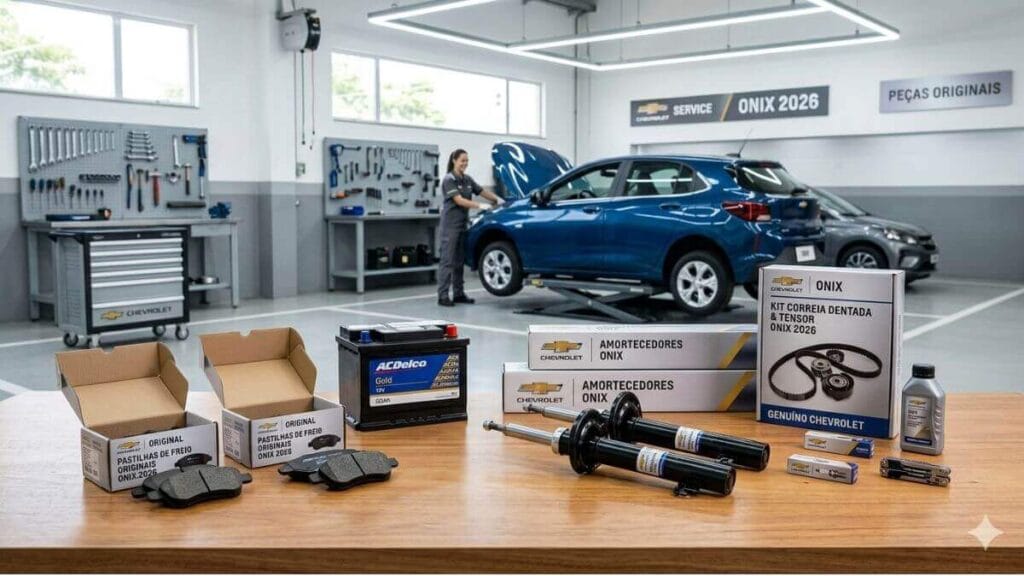 Peças originais Chevrolet sobre uma mesa de madeira em uma oficina: pastilhas de freio na caixa, bateria ACDelco, amortecedores e kit de correia dentada. Ao fundo, um Onix azul e uma mecânica trabalhando.