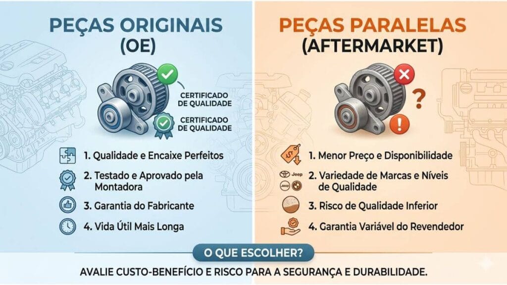 Infográfico comparando peças automotivas originais e paralelas, destacando prós e contras.