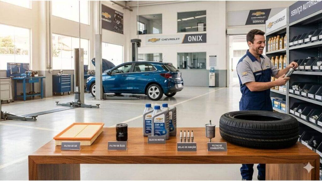 Uma visão panorâmica de uma oficina mecânica da Chevrolet organizada e limpa. Em primeiro plano, uma mesa de madeira exibe peças de manutenção: dois filtros de ar, dois filtros de óleo, três garrafas de óleo do motor, velas de ignição (com a etiqueta VELAS DE IGNIÇÃO), dois pneus e filtros de combustível (com a etiqueta FILTRO DE COMBUSTÍVEL). No fundo, um Chevrolet Onix azul de 2026 está elevado em um elevador para serviço, com letreiros CHEVROLET SERVICE e ONIX 2026.