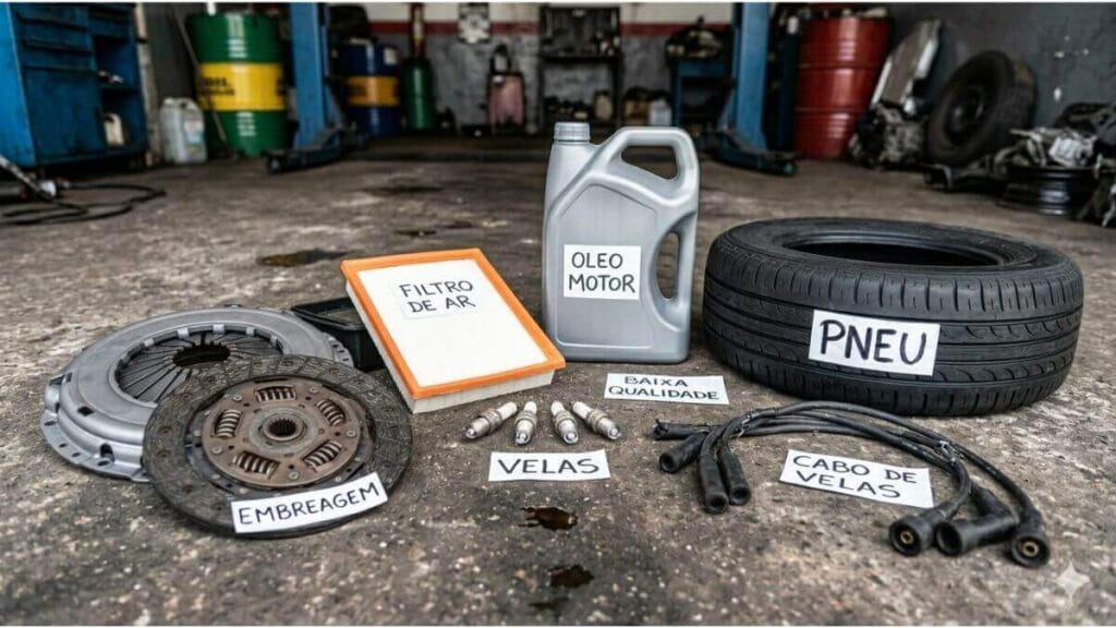Foto no chão de uma oficina com diversas peças de carro paralelas e de baixa qualidade. Itens incluem embreagem, filtro de ar, galão de óleo de motor, pneu, velas e cabos de velas, todos com etiquetas manuscritas em português. Ao fundo, tambores de óleo coloridos.