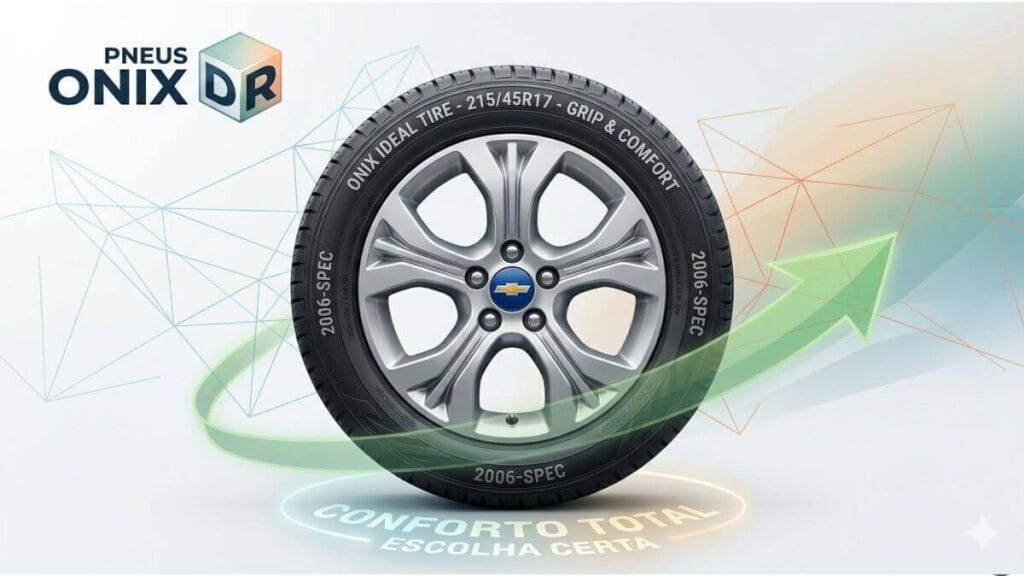 Um infográfico de estilo estúdio focado em um pneu Chevrolet Onix premium montado em uma roda de liga leve de cinco raios com o logotipo da Chevrolet. O pneu tem inscrições em branco, incluindo "ONIX IDEAL TIRE - 215/45R17" e "GRIP & COMFORT".
