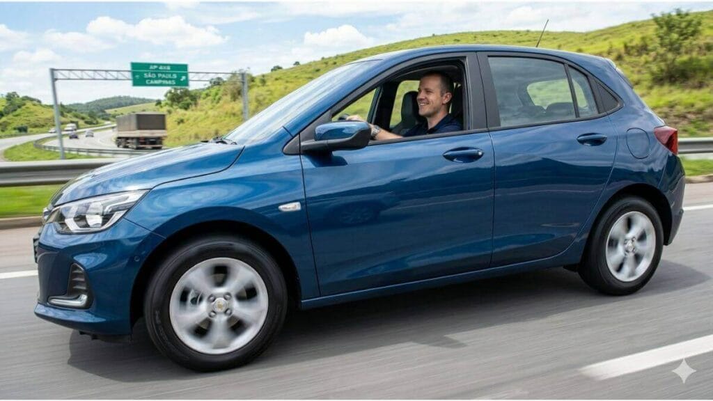 Um Chevrolet Onix azul em movimento rápido em uma rodovia brasileira com colinas verdes ao fundo. Um motorista sorridente está visível no interior. O foco está nos pneus girando rapidamente, com motion blur para convey speed e segurança.