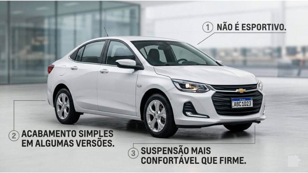 Infográfico profissional mostrando um Chevrolet Onix sedan branco com três pontos destacados: 'Não é esportivo', 'Acabamento simples' e 'Suspensão confortável'.