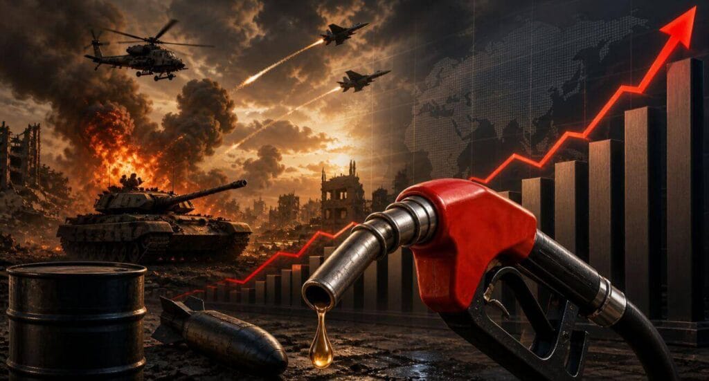 Bomba de combustível com gráfico de alta e cenário de guerra ao fundo mostrando aumento no preço da gasolina