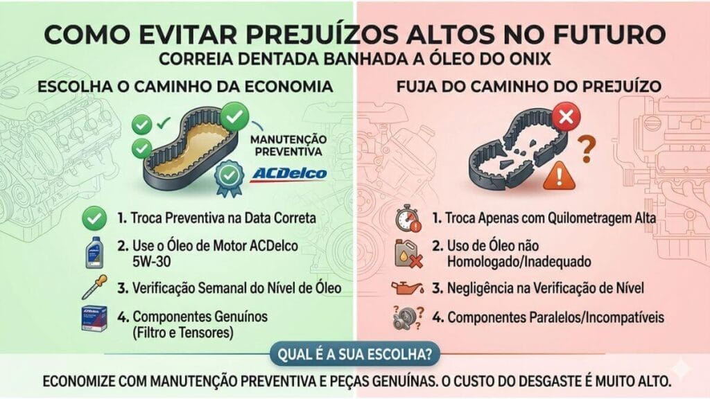 Infográfico comparativo: Manutenção preventiva vs. negligência na correia dentada do Onix.