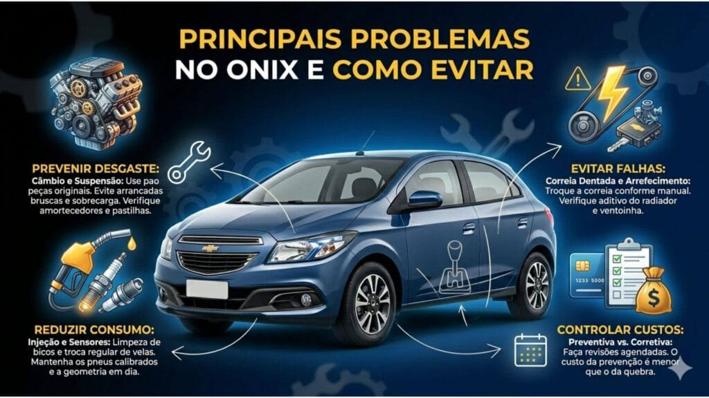 Infográfico automotivo detalhado com o título 'PRINCIPAIS PROBLEMAS NO ONIX E COMO EVITAR'. No centro, um Chevrolet Onix azul. Ao redor do carro, há quatro ícones flutuantes com descrições em texto: no canto superior esquerdo, um motor ilustrado para 'PREVENIR DESGASTE'