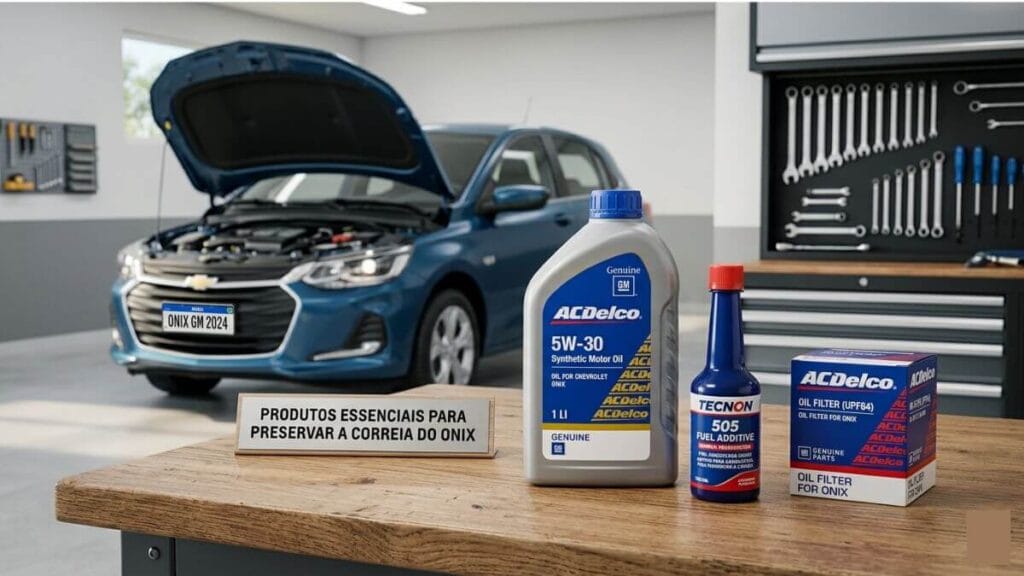 Cenário de oficina mecânica organizada com um Chevrolet Onix azul de capô aberto ao fundo. Em primeiro plano, sobre uma bancada de madeira, estão dispostos um frasco de óleo de motor ACDelco 5W-30, um frasco de aditivo para combustível Tecnon e uma caixa de filtro de óleo ACDelco, ao lado de um letreiro que diz: "Produtos essenciais para preservar a correia do Onix".
(Ideal para acessibilidade e rastreamento de IA, descreve o cenário completo e os itens).