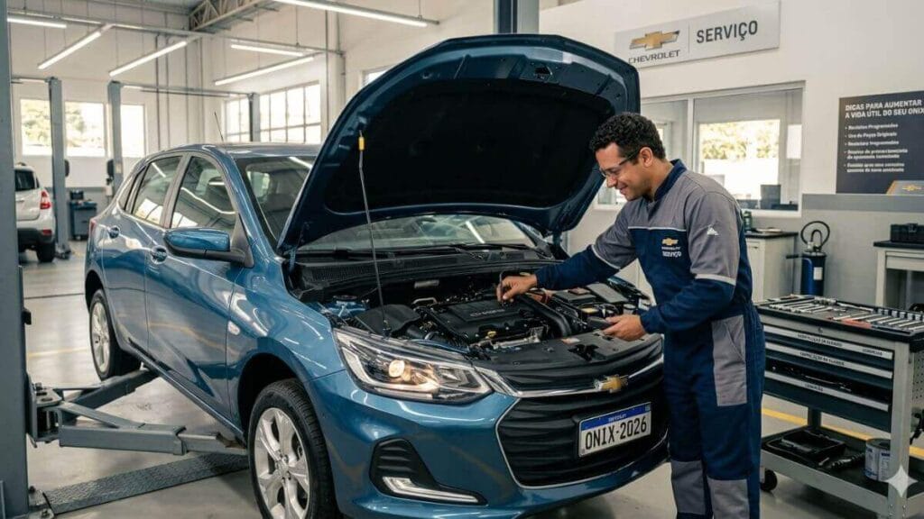 Mecânico da Chevrolet inspecionando o motor de um Onix azul com o capô aberto em uma oficina. O carro está em um elevador. Ao fundo, uma placa com dicas para aumentar a vida útil do veículo.