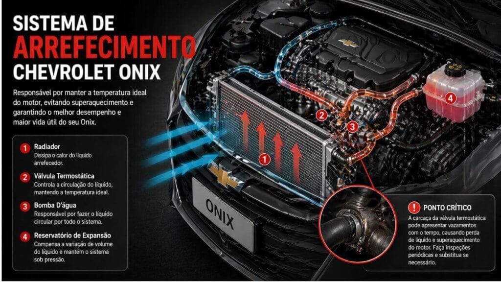 Sistema de arrefecimento do Chevrolet Onix com radiador, válvula termostática, bomba de água e ponto crítico destacado