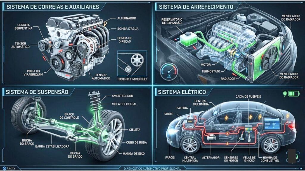 Infográfico com quatro painéis detalhando os sistemas automotivos do Onix Premier 2026: correias e auxiliares, arrefecimento, suspensão e sistema elétrico.