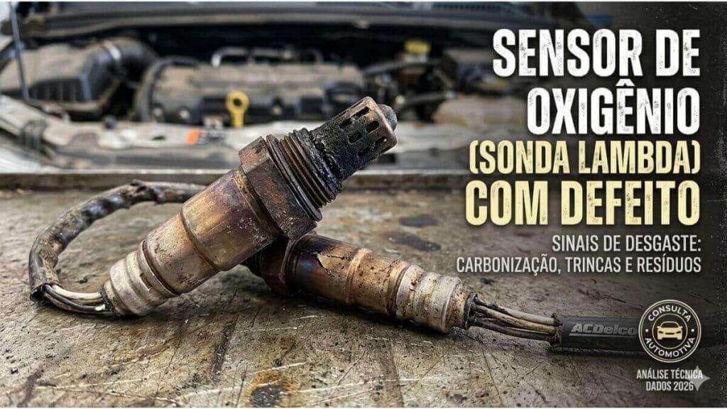 Close técnico de um sensor de oxigênio (sonda lambda) para Chevrolet Onix, colocado sobre uma bancada de metal suja, com um motor de carro ao fundo. O sensor apresenta forte carbonização preta na ponta, crostas de resíduos e sinais de queima. À direita, um banner de texto técnico diz: 'SENSOR DE OXIGÊNIO (SONDA LAMBDA) COM DEFEITO SINAIS DE DESGASTE: CARBONIZAÇÃO, TRINCAS E RESÍDUOS'. No canto inferior, um selo diz 'CONSULTA AUTOMOTIVA ANÁLISE TÉCNICA DADOS 2026'.