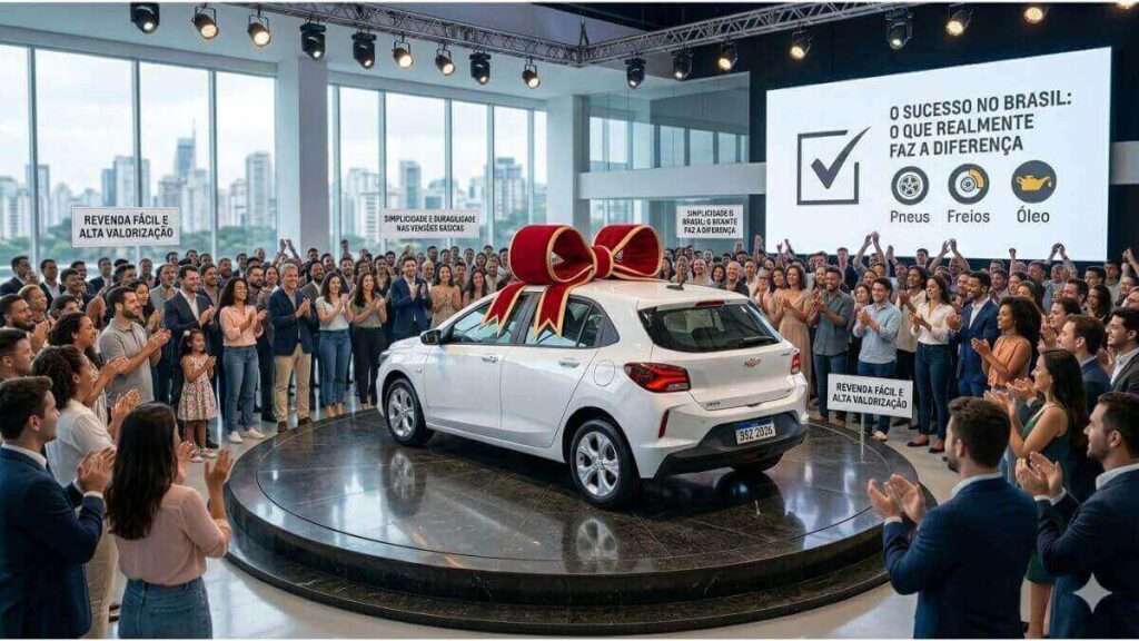 Chevrolet Onix 2026 branco com laço de presente sendo aplaudido em lançamento na concessionária.