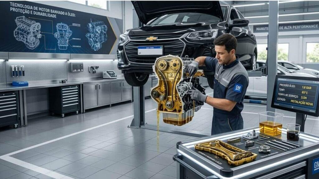 Técnico especializado realiza a troca do kit de correia banhada a óleo do motor de um Onix em uma oficina limpa.