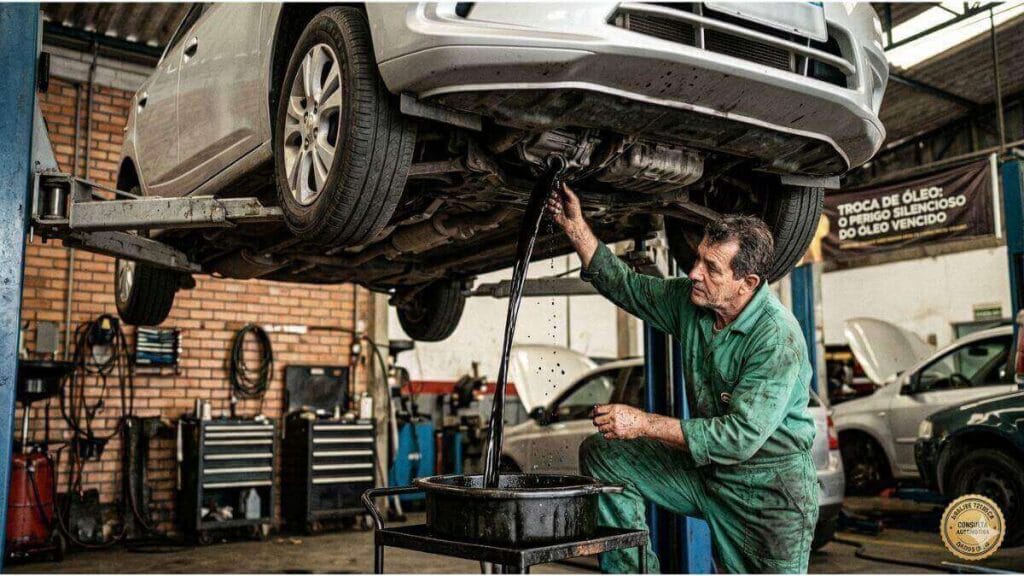 Close técnico de um mecânico em uma oficina, com o rosto sério e caked de fuligem, olhando para uma torrente grossa de óleo de motor preto e viscoso fluindo de um Chevrolet Onix elevado em um andaime. O Onix é prata e o motor está em segundo plano. À direita, um banner técnico de autoridade diz: 'TROCA DE ÓLEO: O PERIGO SILENCIOSO DO ÓLEO VENCIDO'. No canto inferior, um selo diz 'ANÁLISE TÉCNICA DADOS 2026'.
