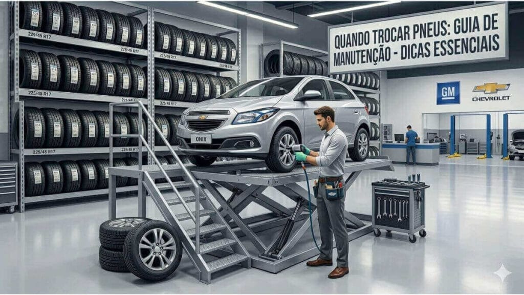 Mecânico bem vestido trocando o pneu de um Chevrolet Onix prata em cima de um elevador em uma oficina mecânica da GM e Chevrolet, com prateleiras de pneus novos ao fundo e um cartaz que diz "QUANDO TROCAR PNEUS: GUIA DE MANUTENÇÃO - DICAS ESSENCIAIS".