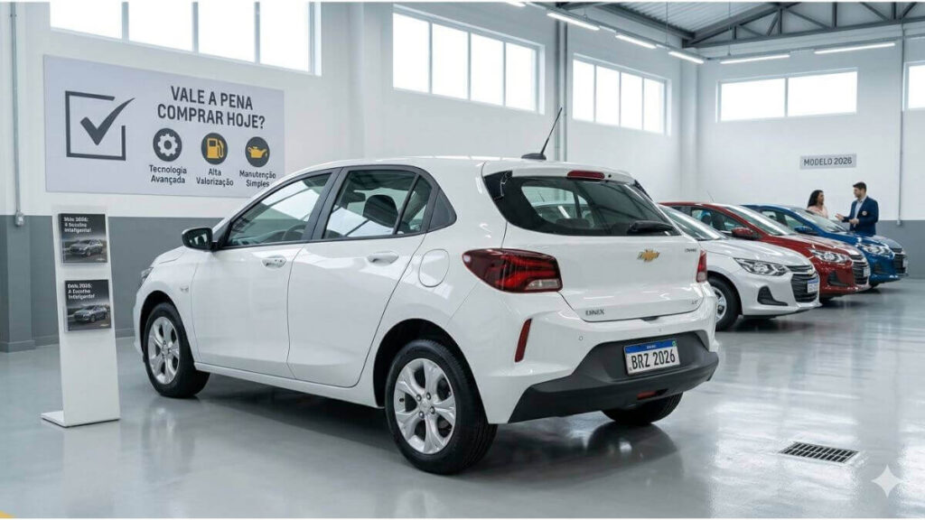 Uma foto profissional e bem iluminada do interior de uma concessionária Chevrolet moderna no Brasil. No centro, um Chevrolet Onix Hatch 2026 branco e limpo está estacionado em um piso de epóxi polido, visto de uma perspectiva de três quartos traseira. A placa do carro é "BRAZIL 2026". O fundo mostra outros modelos Onix (prata, vermelho, azul) perfeitamente alinhados. No canto superior direito, um pôster na parede tem o texto: "MODELO 2026".