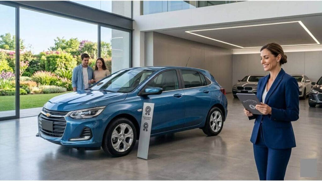 Um Chevrolet Onix Premier azul de 2026 impecável em uma concessionária de luxo. Uma consultora sorridente segura um tablet e aponta para o carro com um selo de 'Qualidade Premium' ao lado. Ao fundo, um casal admira o veículo.