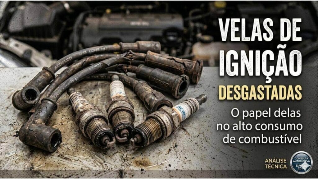 Close técnico de quatro velas de ignição caked de carbonização e soot, com eletrodos visivelmente desgastados. Ao lado delas, cabos de vela rachados e ressecados. A imagem foca na degradação das peças sobre uma bancada de metal com um motor em segundo plano. Há texto em destaque em vermelho e branco que diz: 'O PAPEL DELAS NO CONSUMO ALTO'. Um selo 'ANÁLISE TÉCNICA DADOS 2026' está no canto inferior.
