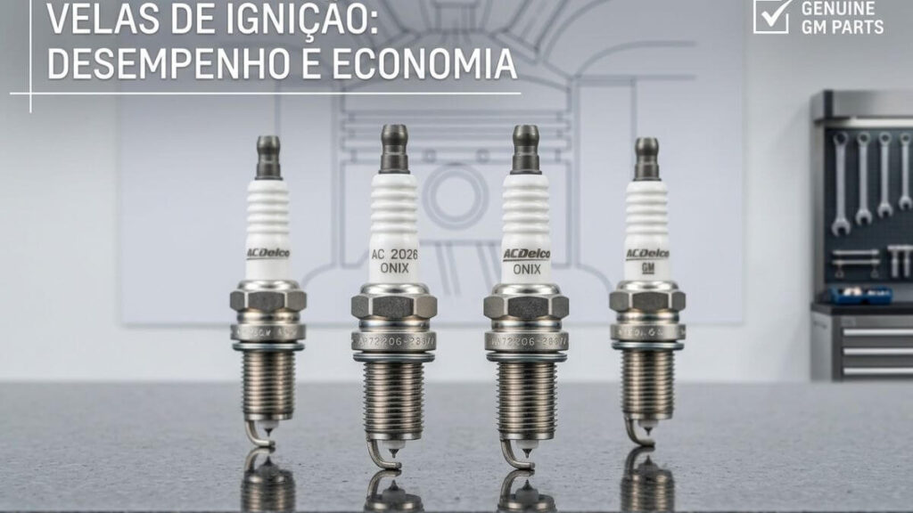 Velas de Ignição Genuínas Chevrolet Onix: Desempenho e Economia Quatro velas de ignição genuínas AC Delco para Chevrolet Onix alinhadas sobre bancada, com fundo de oficina e texto "Velas de Ignição: Desempenho e Economia".