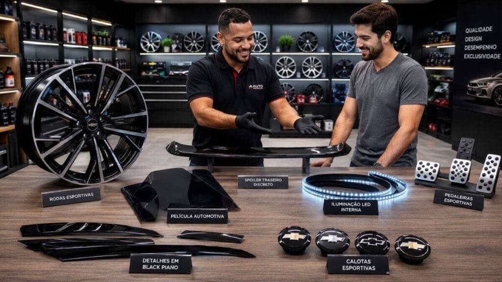 Mesa com acessórios esportivos para Chevrolet Onix em loja automotiva, incluindo rodas esportivas, iluminação LED, spoiler, detalhes Black Piano, pedaleiras e calotas.