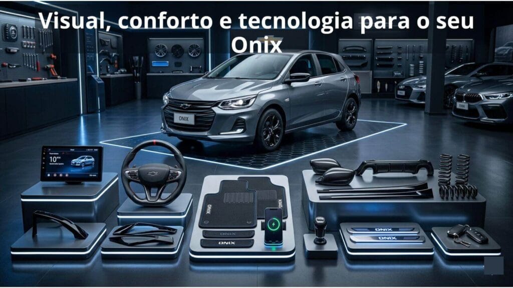 Chevrolet Onix cinza escuro em loja de acessórios automotivos com central multimídia, volante esportivo e iluminação LED em destaque.
