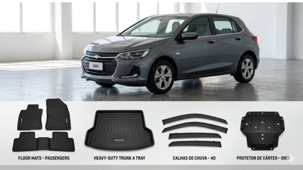 Montagem profissional exibindo acessórios para Chevrolet Onix: tapetes de borracha, bandeja de porta-malas, calhas de chuva e protetor de cárter, com um Onix cinza ao fundo.