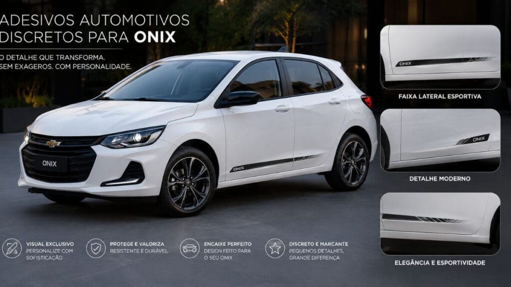 Chevrolet Onix branco com adesivos automotivos discretos nas laterais, destacando visual esportivo elegante e personalizado sem exageros.