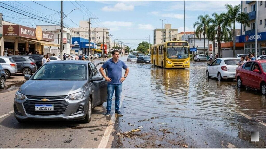 Uma foto de uma rua urbana no Brasil durante o dia, onde o asfalto está molhado e uma área mais à frente está alagada com água marrom. No lado esquerdo, em uma área seca, um motorista homem, de camiseta polo azul, está em pé com as mãos no quadril, olhando para a enchente com uma expressão calma e de observação.
