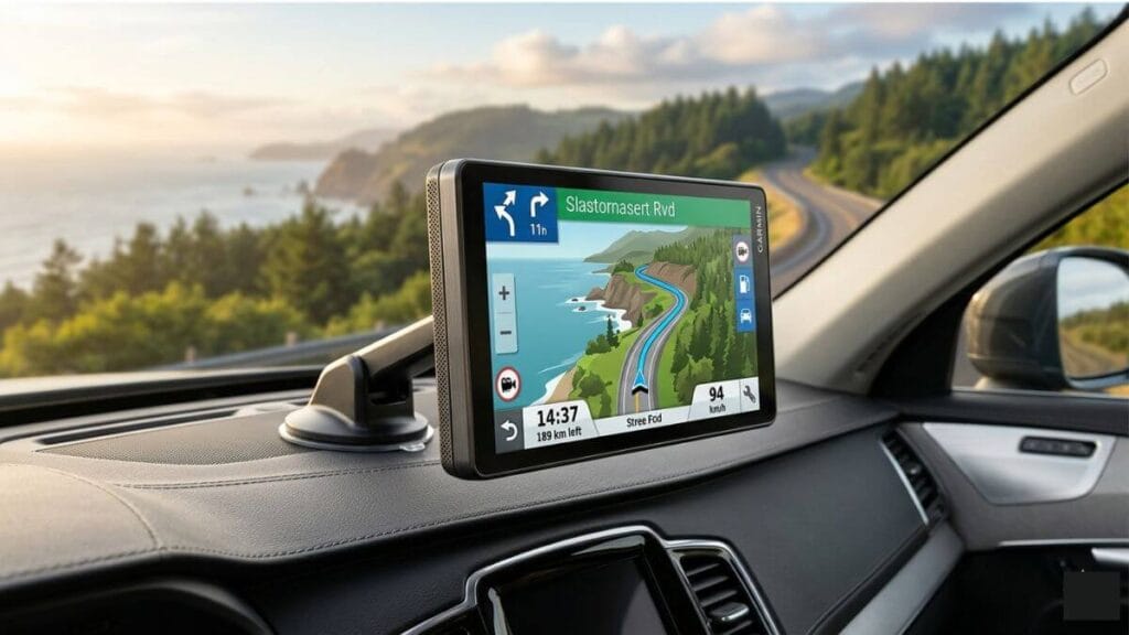 Dispositivo de GPS portátil da Garmin fixado por ventosa no painel de um carro, exibindo um mapa tridimensional com rota litorânea detalhada.