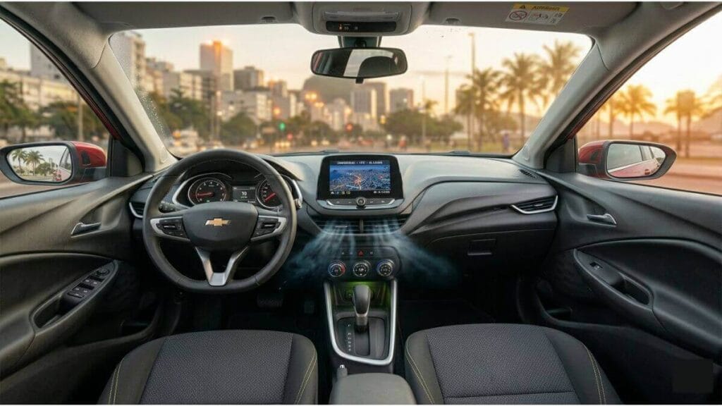 Visão frontal do painel de um Chevrolet Onix com as portas fechadas, destacando as saídas centrais do ar-condicionado liberando uma brisa fresca e nítida, ideal para manter o interior gelado nos dias de jogos da Copa.