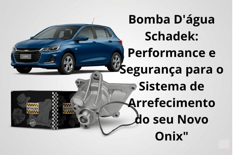 Bomba d'água para Chevrolet Onix Plus (2020-2025) posicionada à frente de um Onix azul, destacando o componente de arrefecimento.