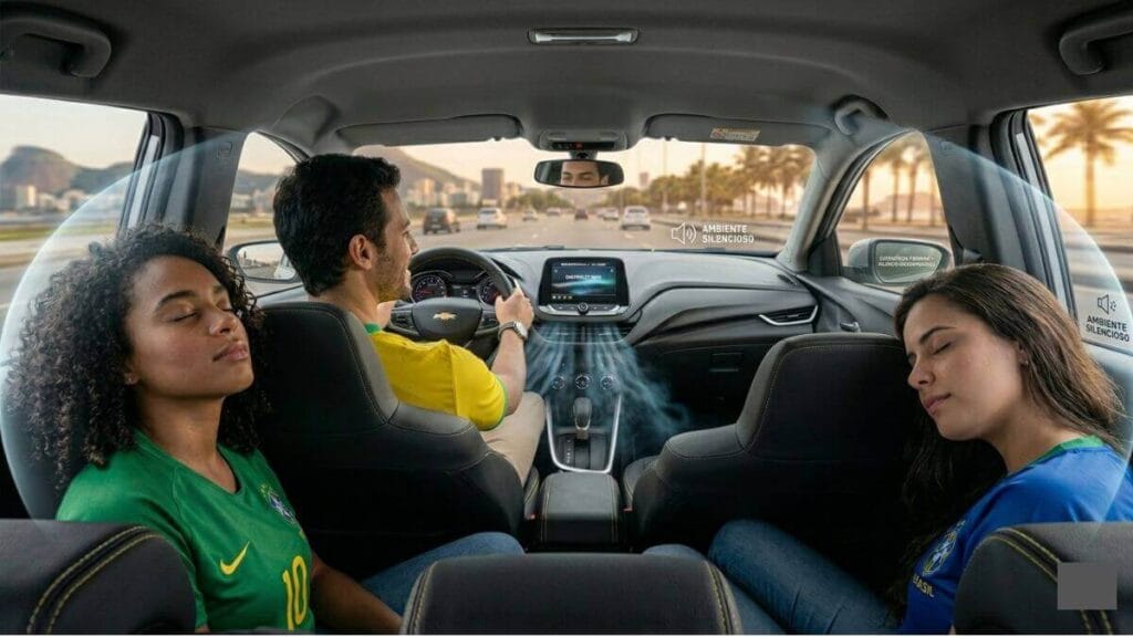 Uma imagem do interior de um Chevrolet Onix moderno, focado no painel e nos bancos dianteiros. Uma bolha de som translúcida e gráficos de ondas sonoras no para-brisa ilustram o conceito de "Cabine Acústica - Premium Silence". Um pequeno selo no canto inferior esquerdo reforça o texto. A vista através do para-brisa mostra uma paisagem montanhosa pacífica ao pôr do sol.