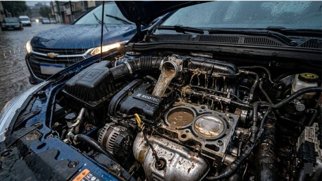 Vista detalhada de um motor Ecotec de um Chevrolet Onix com o cabeçote aberto, mostrando água barrenta acumulada dentro dos cilindros sobre os pistões.