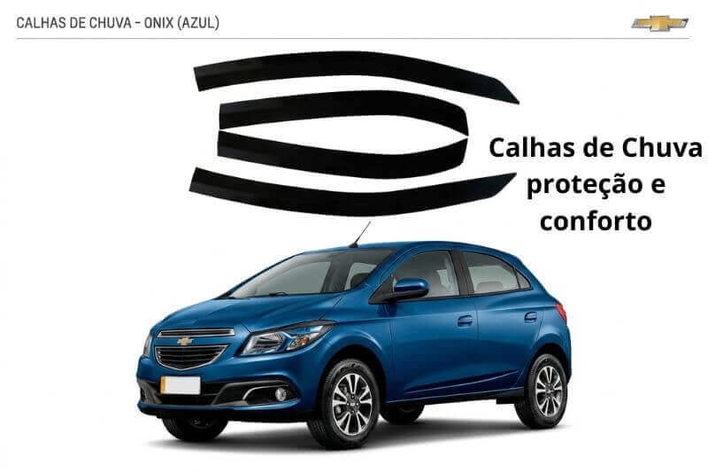 Jogo de calhas de chuva pretas para Chevrolet Onix posicionado acima de um Onix azul metálico em fundo branco.